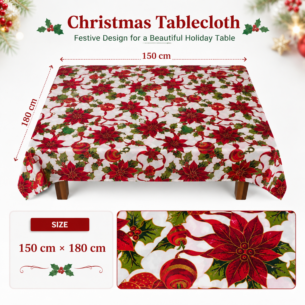 Christmas Poinsettia Tablecloth with Holly and Ornament Print, 150 × 180 cm