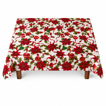Christmas Poinsettia Tablecloth with Holly and Ornament Print, 150 × 180 cm
