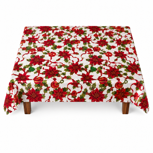 Christmas Poinsettia Tablecloth with Holly and Ornament Print, 150 × 180 cm