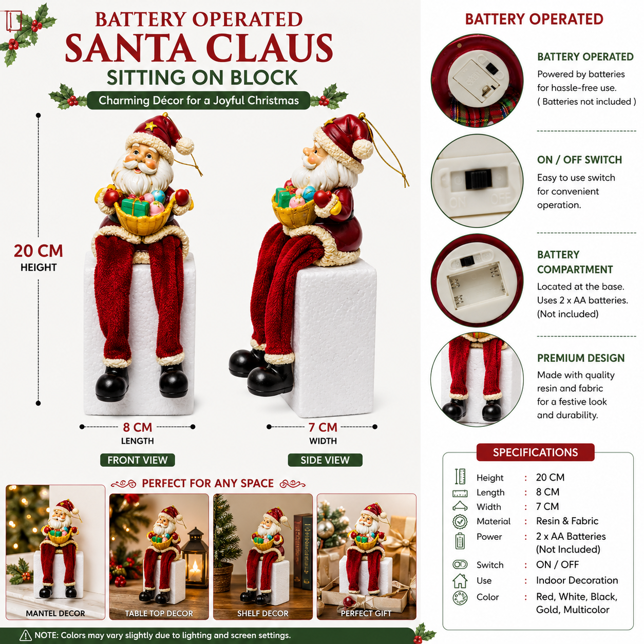 Christmas Sitting Santa Claus Shelf Decoration Figurine with Dangling Legs, 20cm Holiday Ornament