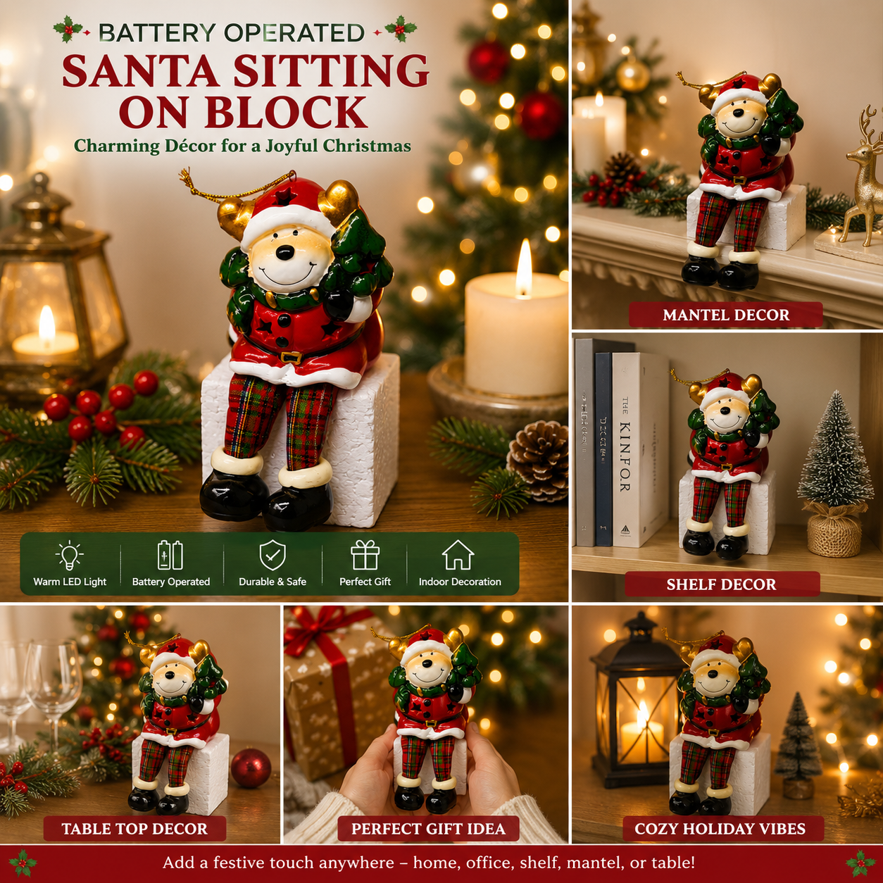 Battery Operated Sitting Christmas Bear Decoration with Warm LED Light, 15cm