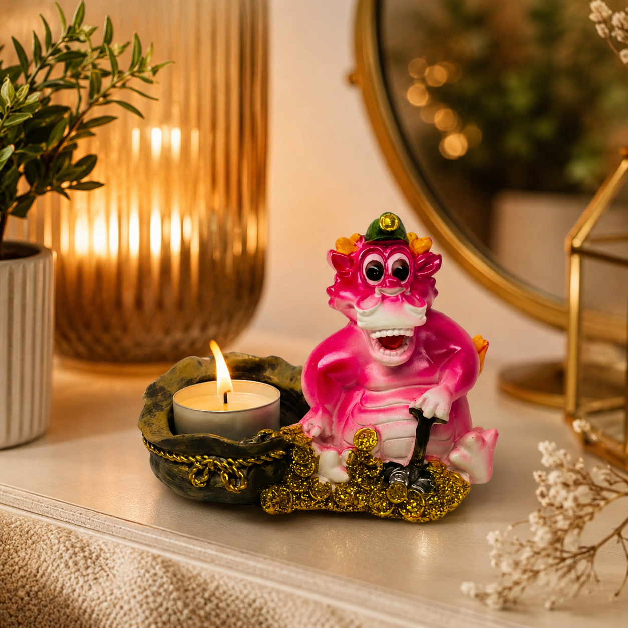 Pink Dragon Tealight Candle Holder with Gold Coin Detail, 10 × 8 cm
