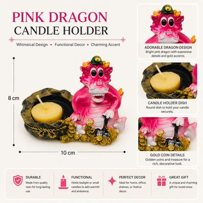 Pink Dragon Tealight Candle Holder with Gold Coin Detail, 10 × 8 cm