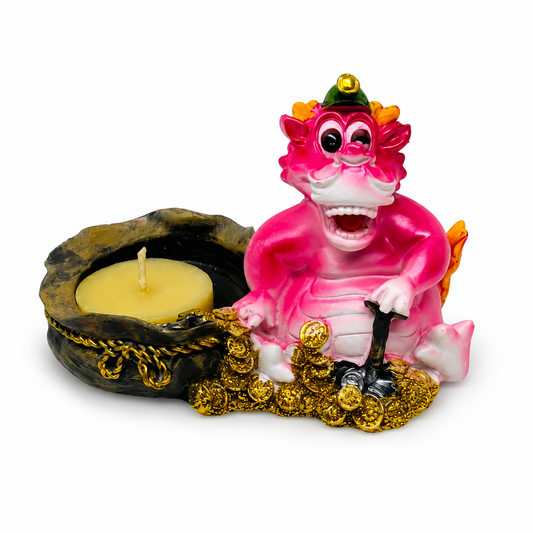 Pink Dragon Tealight Candle Holder with Gold Coin Detail, 10 × 8 cm