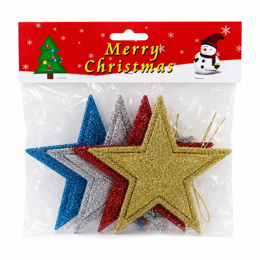 Christmas Glitter Star Hanging Ornaments Set – Multicolor Sparkle Tree Decorations, 10 cm