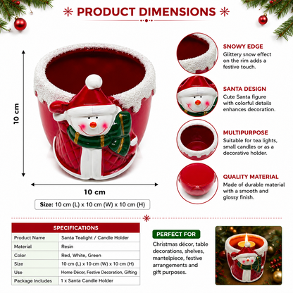 Santa Snowman Christmas Tealight Candle Holder with Snowy Rim, 10 cm