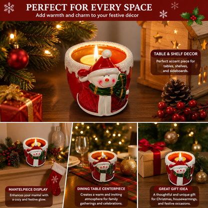 Santa Snowman Christmas Tealight Candle Holder with Snowy Rim, 10 cm