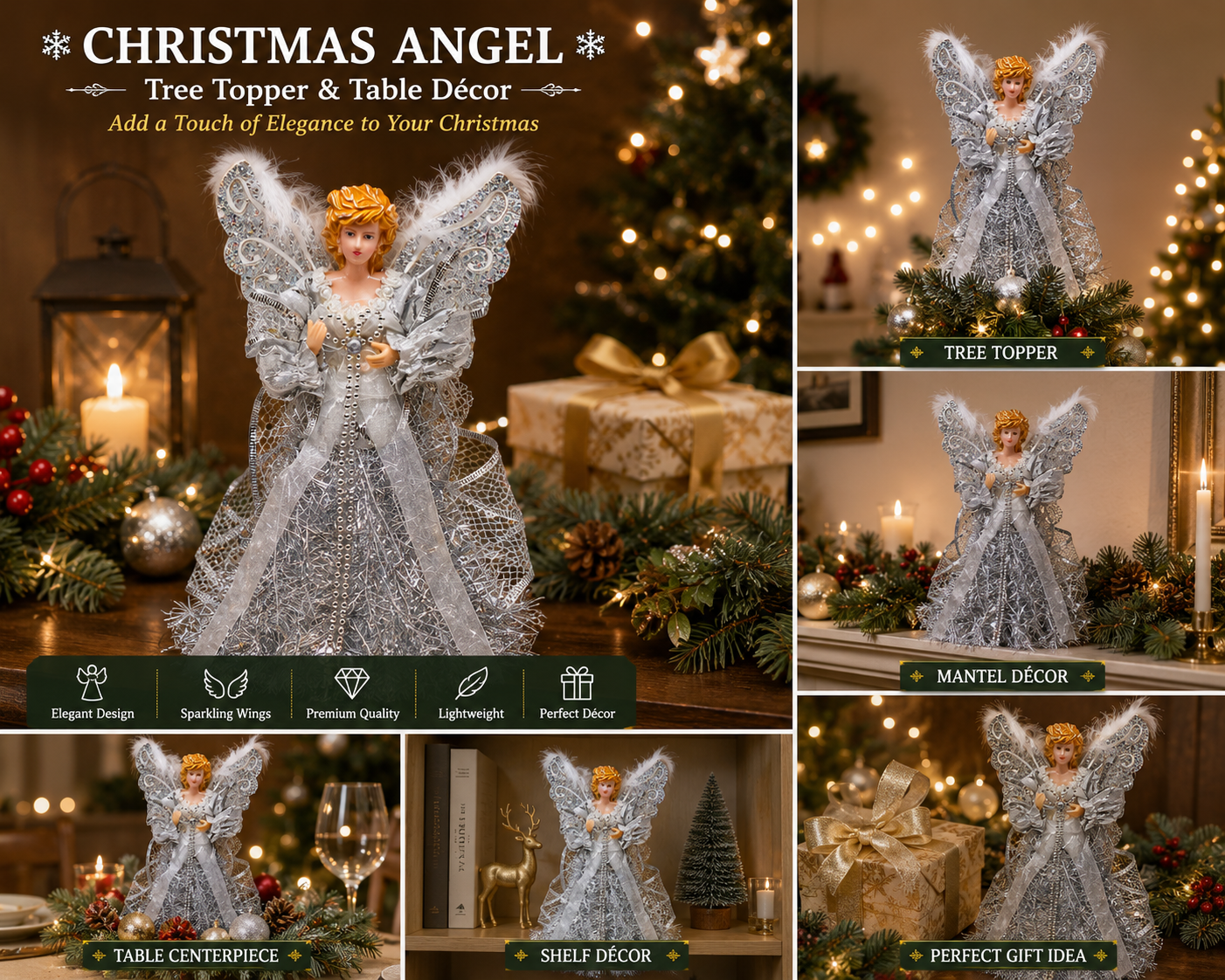 Silver Christmas Angel Tree Topper Decoration with Glitter Wings & Feather Accents, 30cm
