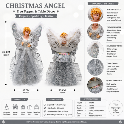Silver Christmas Angel Tree Topper Decoration with Glitter Wings & Feather Accents, 30cm