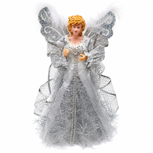 Silver Christmas Angel Tree Topper Decoration with Glitter Wings & Feather Accents, 30cm
