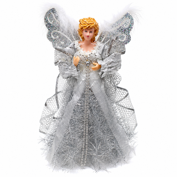 Silver Christmas Angel Tree Topper Decoration with Glitter Wings & Feather Accents, 30cm