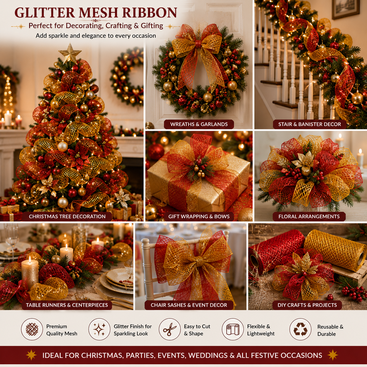 Glitter Mesh Ribbon Roll for Christmas Decorations, 17cm x 3m, Decorative Craft Mesh for Christmas Tree, Wreath, Gift Wrapping, Floral Arrangements & DIY Crafts, Red / Gold