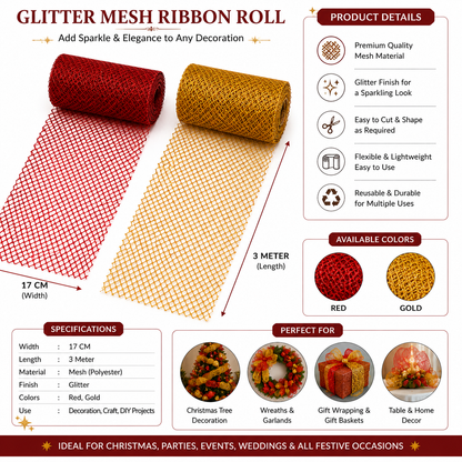 Glitter Mesh Ribbon Roll for Christmas Decorations, 17cm x 3m, Decorative Craft Mesh for Christmas Tree, Wreath, Gift Wrapping, Floral Arrangements & DIY Crafts, Red / Gold