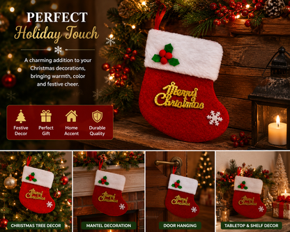 Mini Christmas Stocking Ornament with Holly and Merry Christmas Design, 18 cm