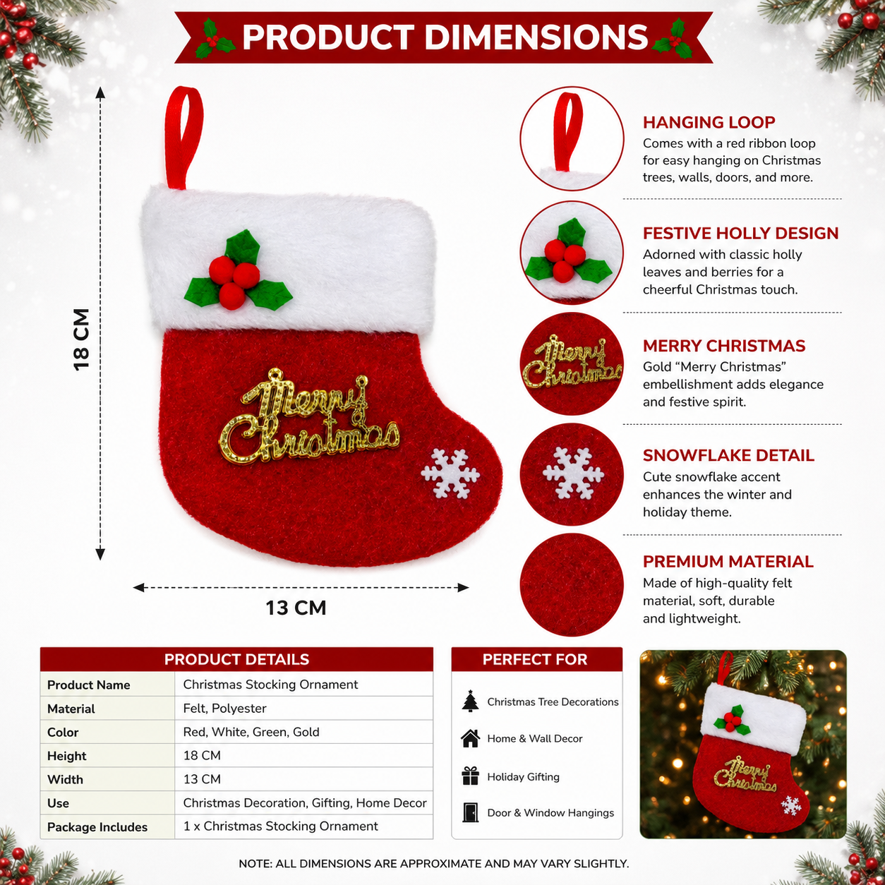 Mini Christmas Stocking Ornament with Holly and Merry Christmas Design, 18 cm