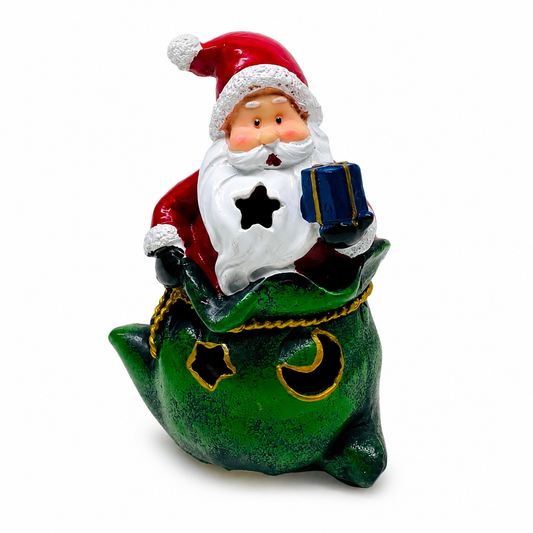 Santa Claus Christmas Figurine with Gift and Decorative Cutout Sack, 13 cm