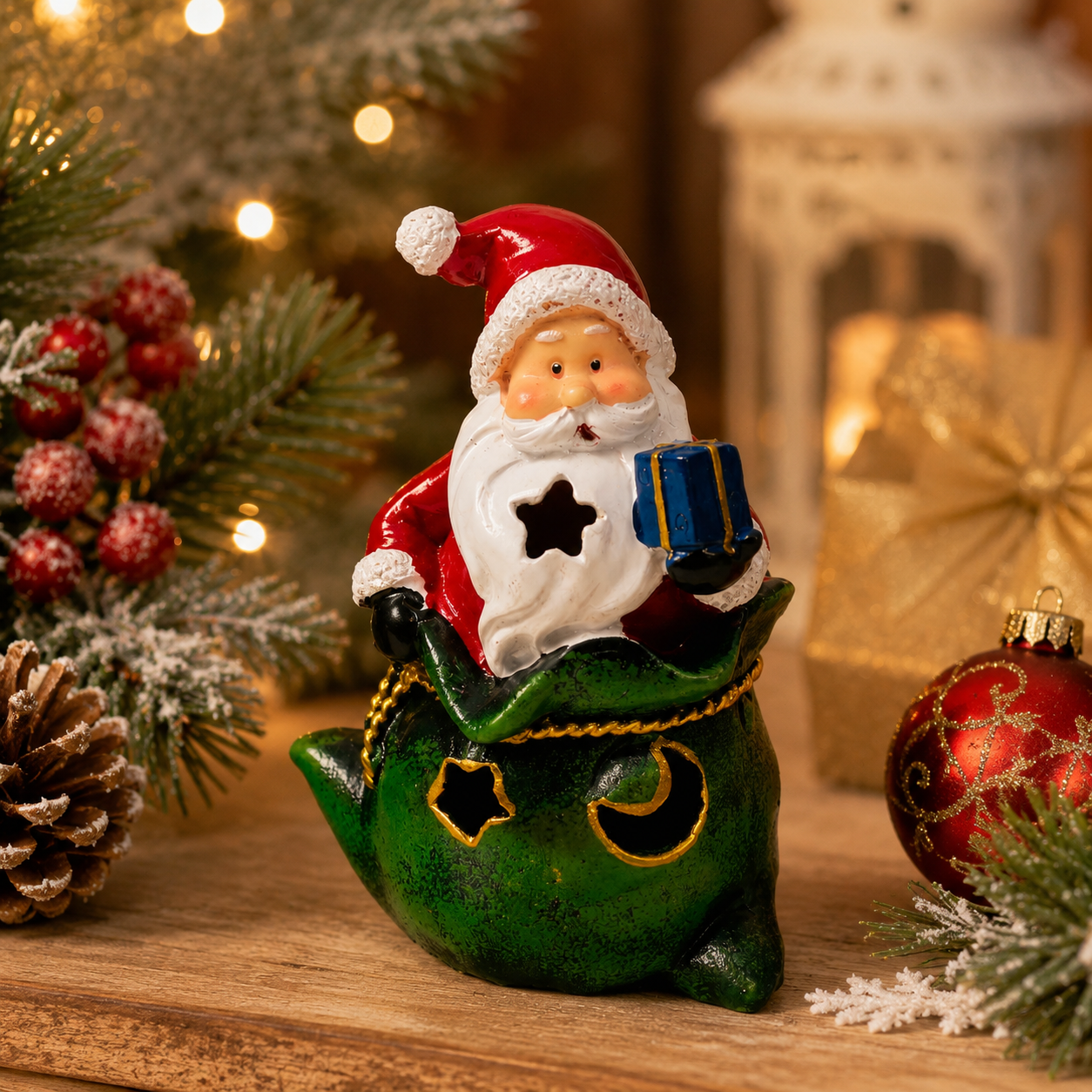 Santa Claus Christmas Figurine with Gift and Decorative Cutout Sack, 13 cm