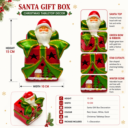 Santa Gift Box Christmas Tabletop Decoration with Star Cutouts, 15 cm