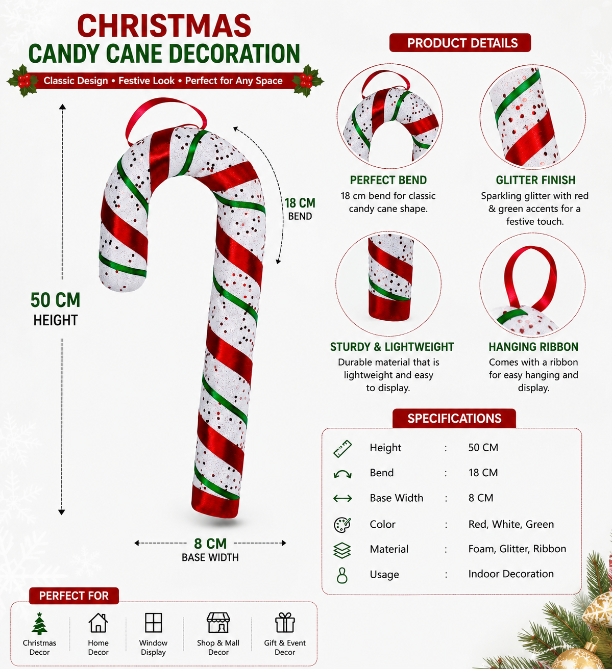Christmas Candy Cane Hanging Decoration with Glitter Finish for Holiday Home and Tree Decor 50cm