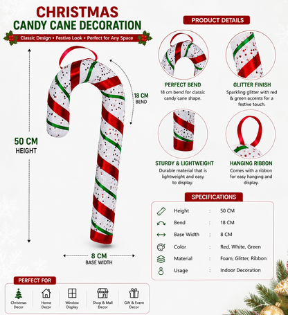 Christmas Candy Cane Hanging Decoration with Glitter Finish for Holiday Home and Tree Decor 50cm
