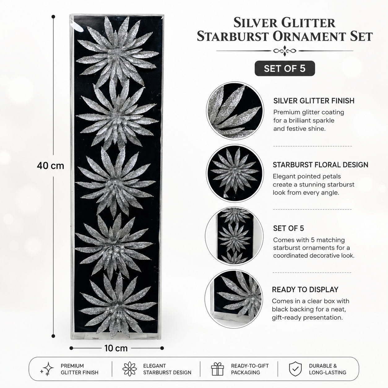 Silver Glitter Starburst Christmas Ornaments, Set of 5 in Display Box