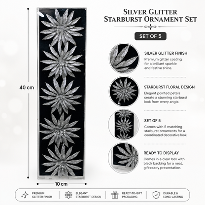 Silver Glitter Starburst Christmas Ornaments, Set of 5 in Display Box