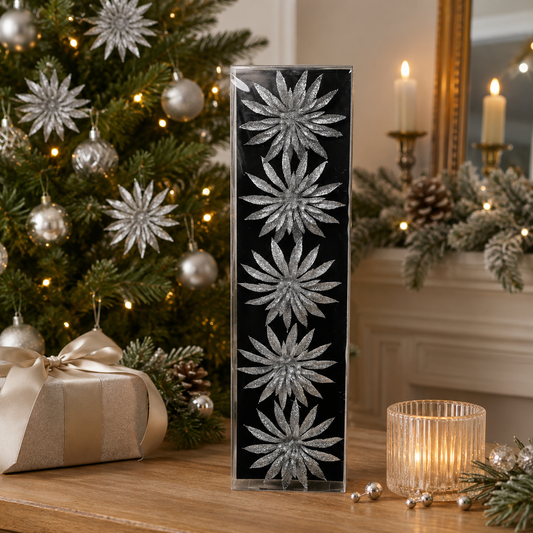 Silver Glitter Starburst Christmas Ornaments, Set of 5 in Display Box
