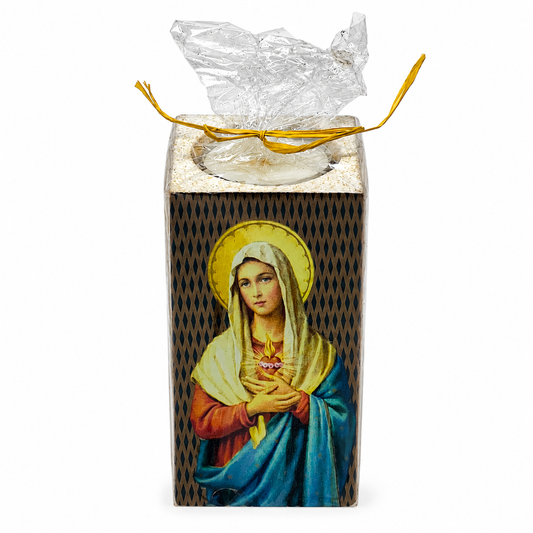 Religious Tealight Candle Holder with Virgin Mary & Jesus Artwork, Prayer Decor, 12cm