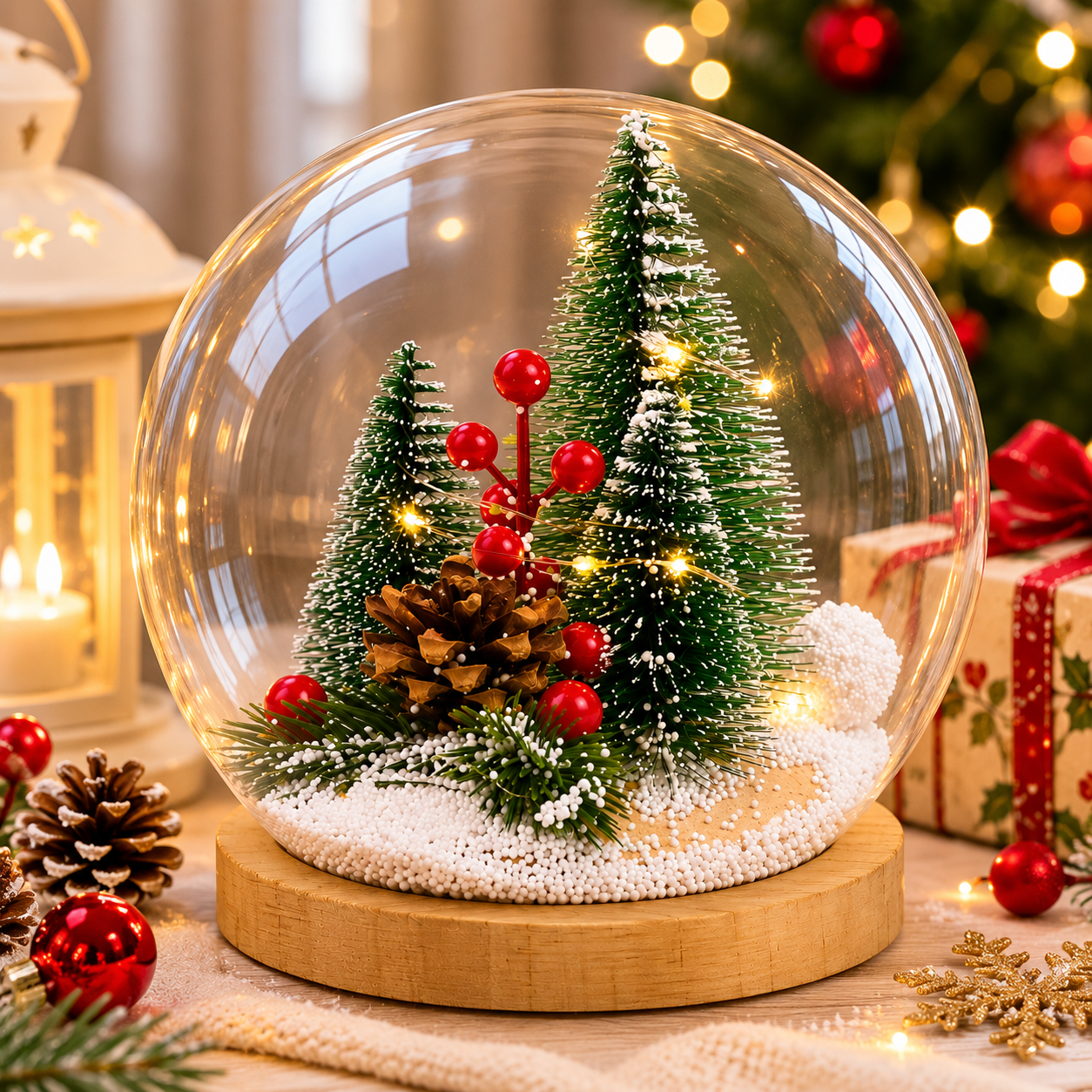 LED Christmas Snow Globe with Mini Tree Scene and Wooden Base Decor