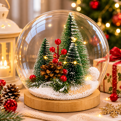 LED Christmas Snow Globe with Mini Tree Scene and Wooden Base Decor