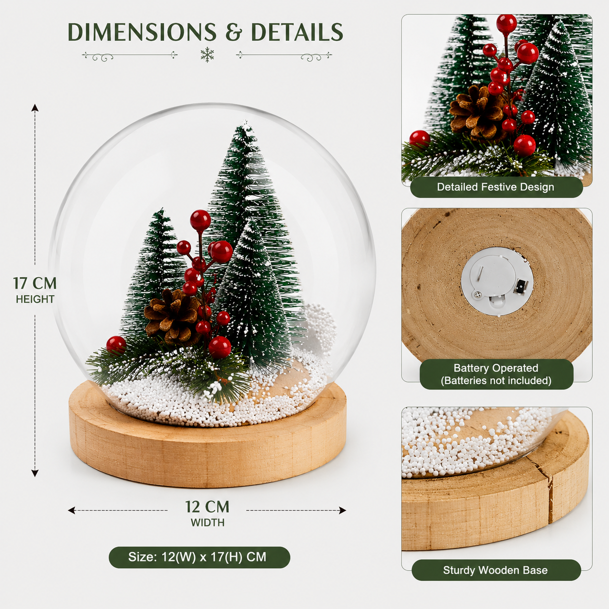 LED Christmas Snow Globe with Mini Tree Scene and Wooden Base Decor