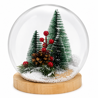 LED Christmas Snow Globe with Mini Tree Scene and Wooden Base Decor