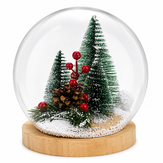 LED Christmas Snow Globe with Mini Tree Scene and Wooden Base Decor
