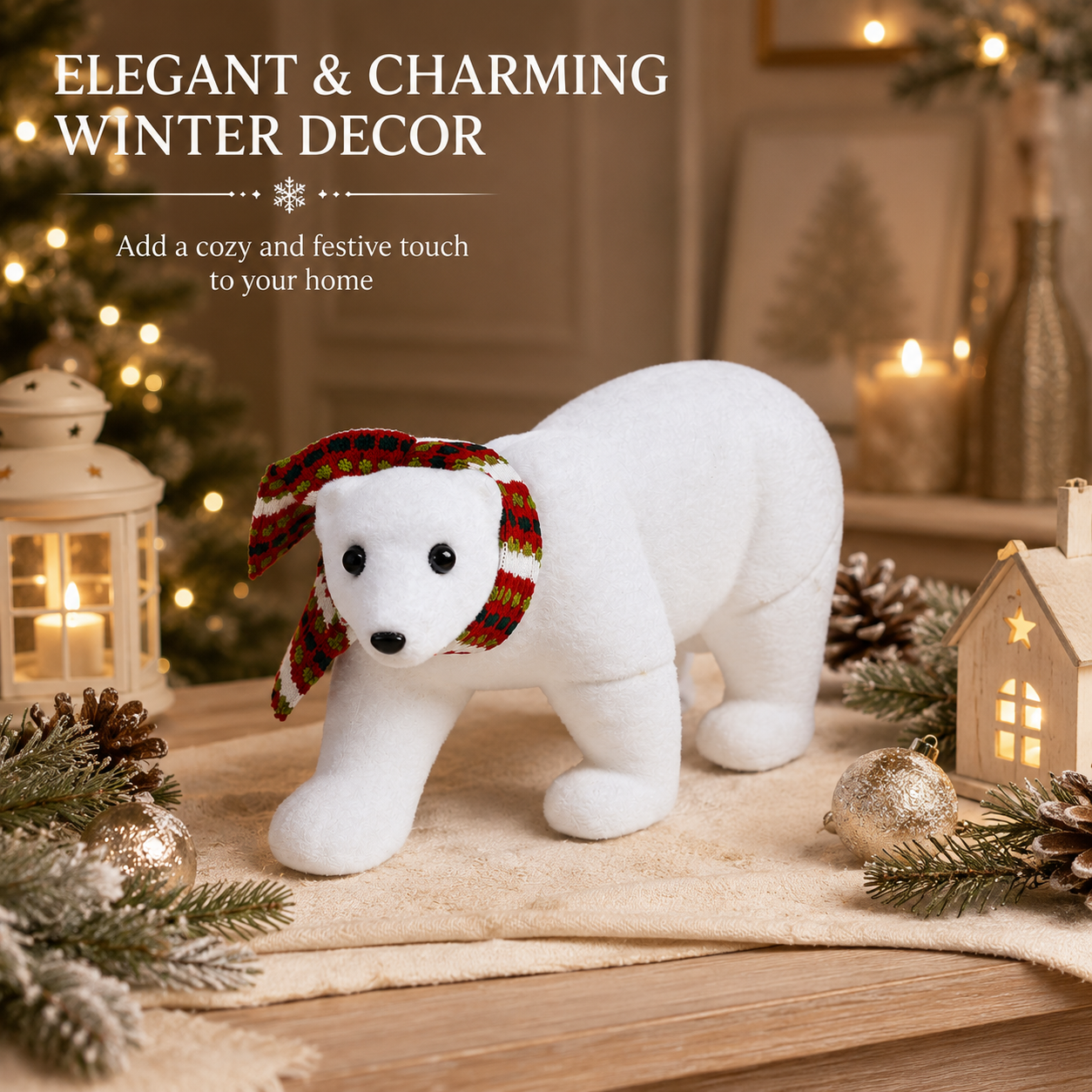 Christmas Polar Bear Decoration with Festive Scarf for Tabletop Holiday Display