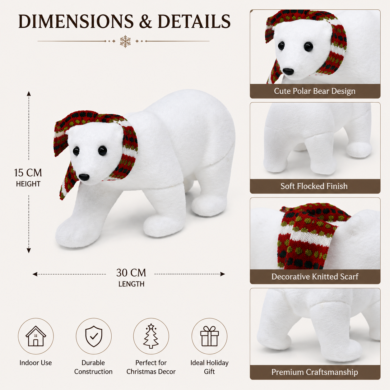 Christmas Polar Bear Decoration with Festive Scarf for Tabletop Holiday Display
