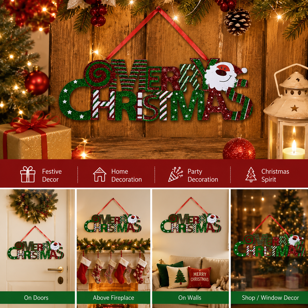 Merry Christmas Hanging Sign with Santa | Glitter Holiday Wall & Door Decoration | 40 cm