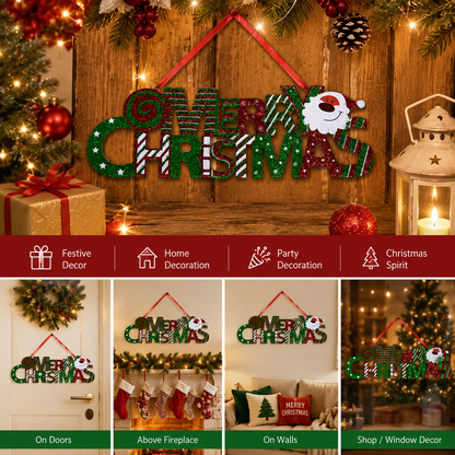 Merry Christmas Hanging Sign with Santa | Glitter Holiday Wall & Door Decoration | 40 cm