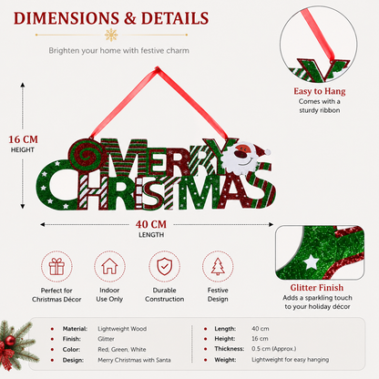Merry Christmas Hanging Sign with Santa | Glitter Holiday Wall & Door Decoration | 40 cm