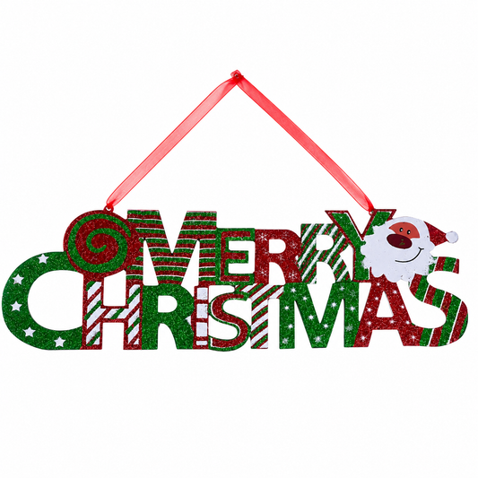 Merry Christmas Hanging Sign with Santa | Glitter Holiday Wall & Door Decoration | 40 cm
