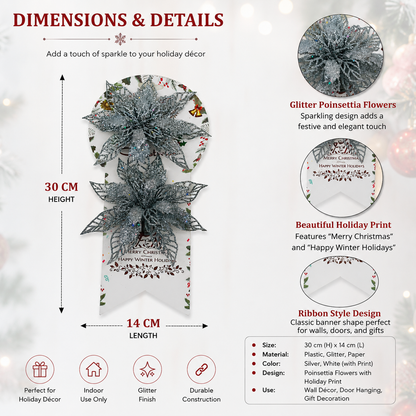 Glitter Poinsettia Flower Christmas Decoration – 30 × 14 cm Hanging Ornament for Doors, Walls & Holiday Home Décor