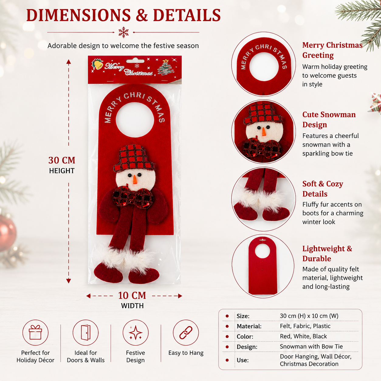 Merry Christmas Snowman Door Hanger Decoration – Plush Holiday Hanging Sign with Dangling Legs | Red | 30 x 10 cm