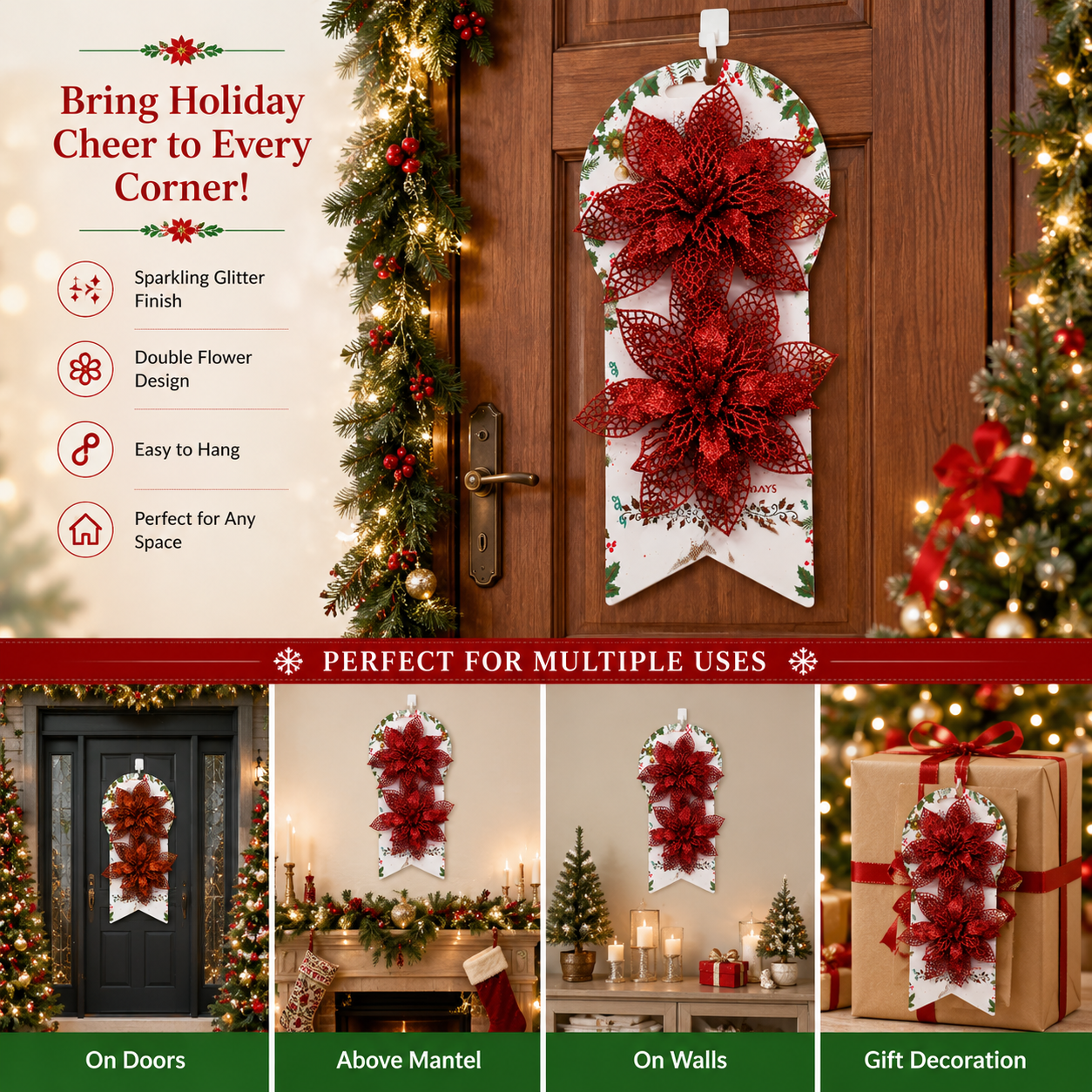 Glitter Poinsettia Flower Christmas Decoration – 30 × 14 cm Hanging Ornament for Doors, Walls & Holiday Home Décor
