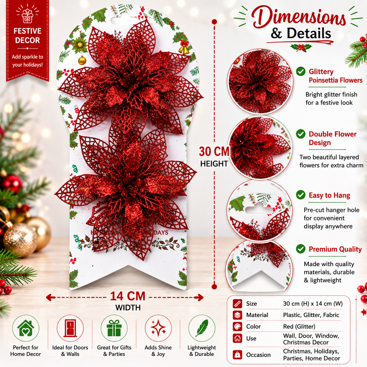Glitter Poinsettia Flower Christmas Decoration – 30 × 14 cm Hanging Ornament for Doors, Walls & Holiday Home Décor