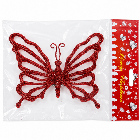 Red Glitter Butterfly Christmas Tree Ornament with Clip | 15 × 12 cm