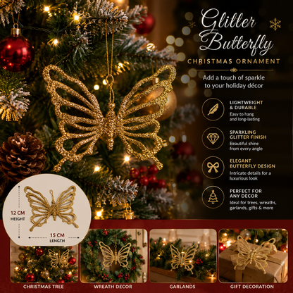Red Glitter Butterfly Christmas Tree Ornament with Clip | 15 × 12 cm