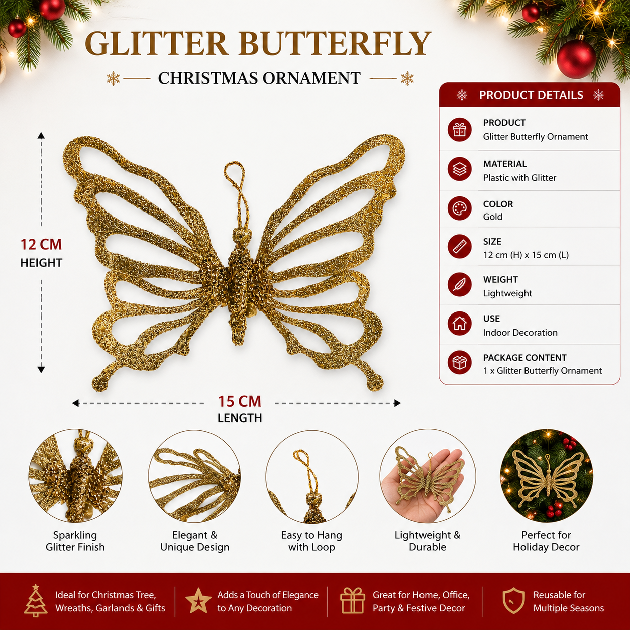Gold Glitter Butterfly Christmas Tree Ornament with Clip | 15 × 12 cm