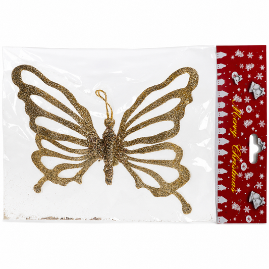 Gold Glitter Butterfly Christmas Tree Ornament with Clip | 15 × 12 cm