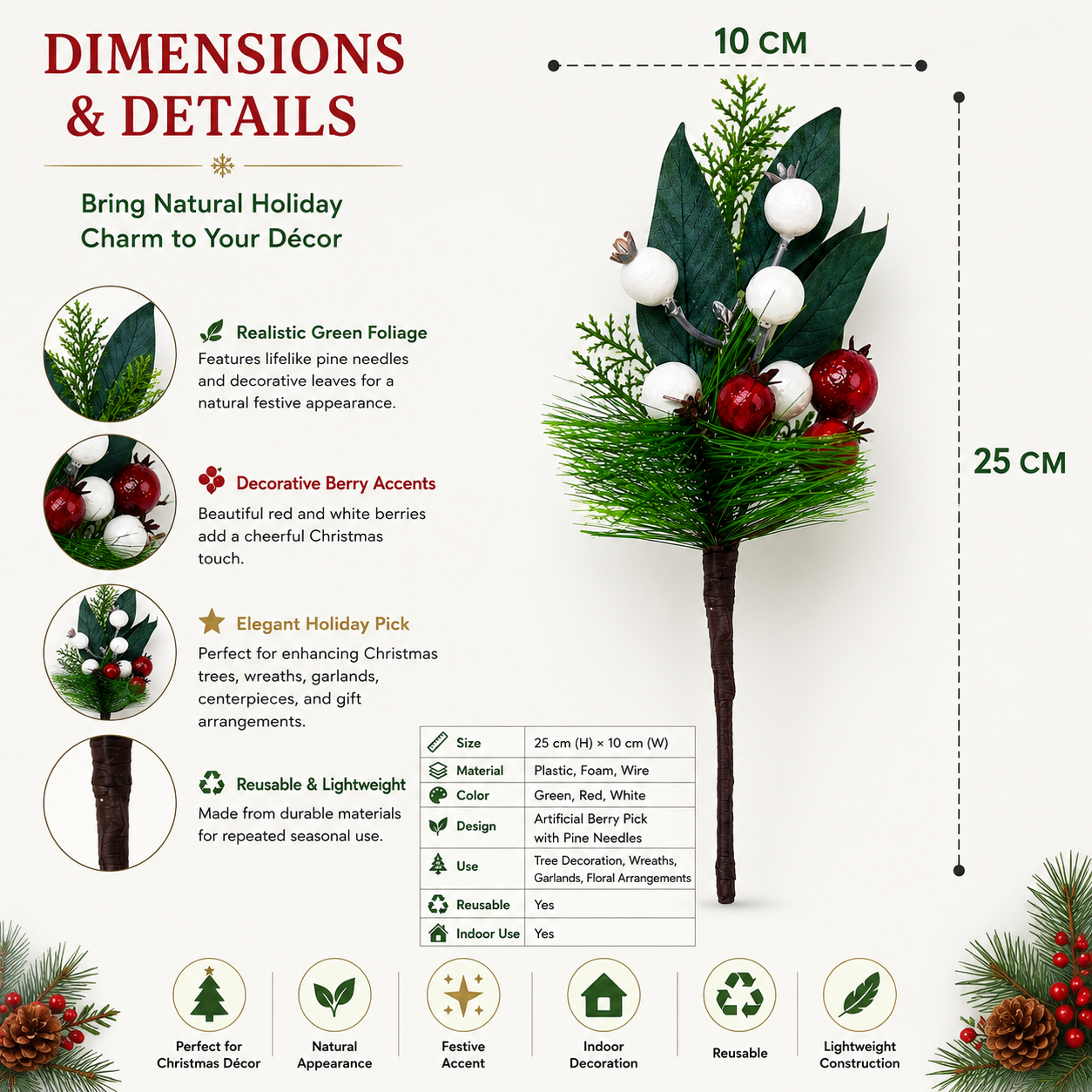 Artificial Christmas Berry Pick Stem 25x10cm – Red & White Berries with Pine Needles and Green Foliage for Festive Arrangements