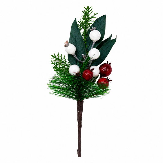 Artificial Christmas Berry Pick Stem 25x10cm – Red & White Berries with Pine Needles and Green Foliage for Festive Arrangements
