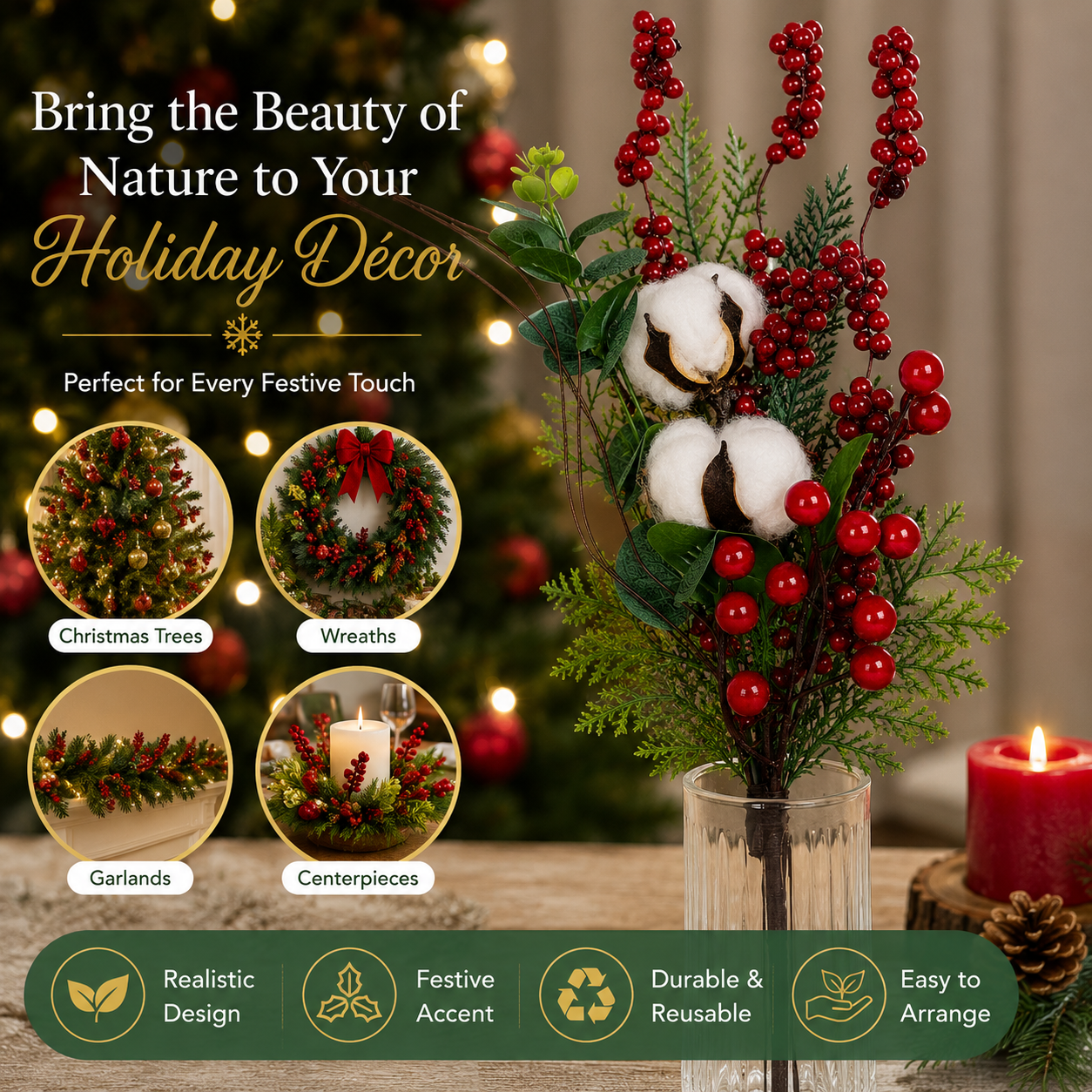 Artificial Christmas Berry & Cotton Stem Pick 40 x 15 cm | Red Berry, Cotton Boll & Greenery Holiday Floral Spray